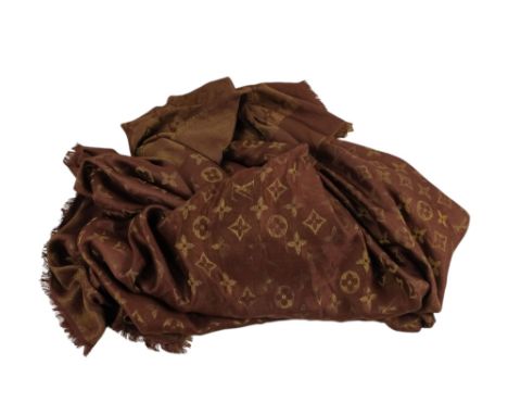 A Louis Vuitton shawl - brown with gilt branded decoration, 150 x 150cm.