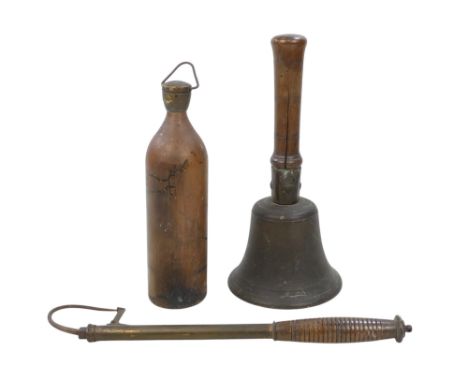 A late 19th century extending fishing gaff - brass and steel with a turned wooden handle, together with a large hand bell and