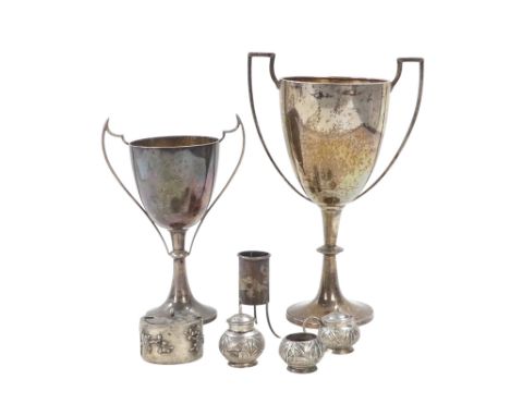 An early 20th century Chinese silver three piece cruet set - of ball form and decorated with bamboo leaves, together with a m