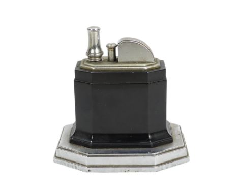 A Ronson Octete touch-tip table lighter - chrome and Bakelite, rectangular with canted corners, 9cm wide.