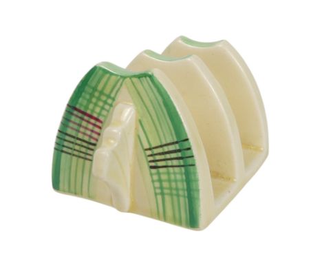 A Clarice Cliff daffodil shape toast rack - green tartan pattern, Wilkinson Ltd marks, height 5cm.