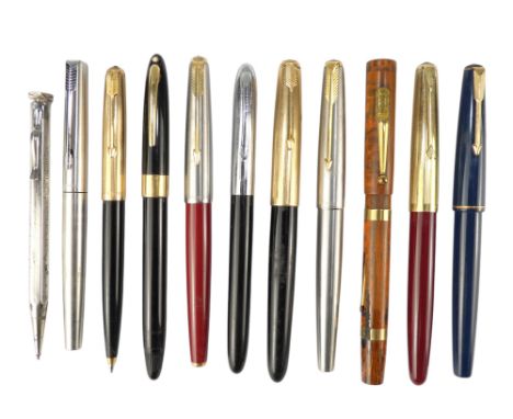 A vintage Parker 51 fountain pen - black body and gilt cap, together with a collection of Parker and other fountain pens and 