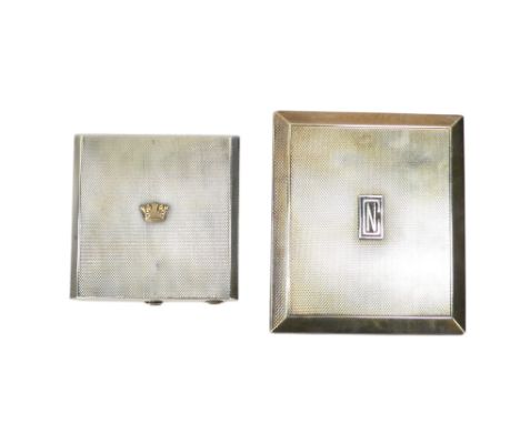 A silver cigarette case by Asprey - London 1925, rectangular with engine turning and chamfered edges and gilt interior, toget