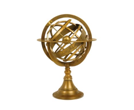 A brass armillary globe - with a band engraved with signs of the zodiac, 27cm high