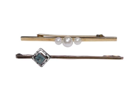 A 9ct gold pearl set bar brooch - with three graduated beads, together with another bar brooch, 2.5g. (2)