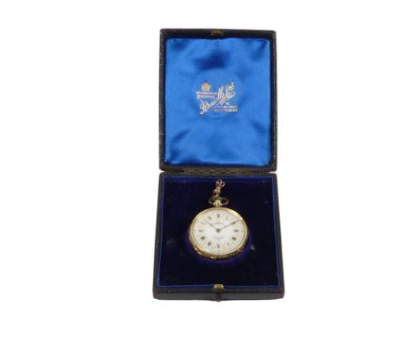 An 18ct gold pocket watch - with an open face and foliate engraved, the white vitreous dial set out in Roman numerals, boxed.