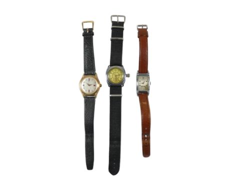 Three vintage wristwatches - including an Art Deco Rotary Curvex and two others. (3)