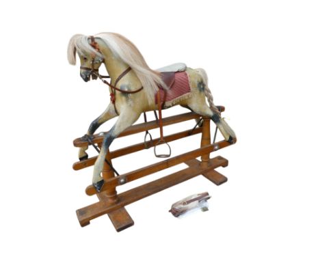 A Lines Brothers 'Triangtois' dappled grey painted wooden rocking horse - circa 1925 on trestle rocker, horse hair mane and t