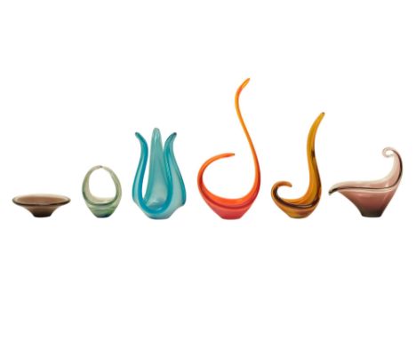 A Murano sommerso blue glass handkerchief vase - 24cm high, together with five further Murano style vases. (6)