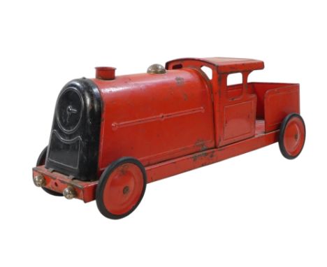 A Triang tin plate pull-along train - red with chrome fittings and with a black boiler door, 52cm long.