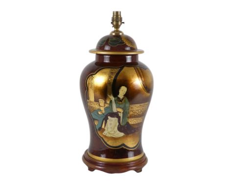 A large chinoiserie baluster shaped table lamp -  decorated with an exotic figure in an interior, 43cm high.