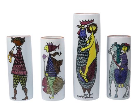 A Stig Lindberg for Gustavsberg Pottery cylindrical vase - from his 'Karneval' range, decorated with a figure astride a chick