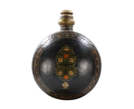 A large late 19th century Indian tole painted water vessel - of globe form and decorated with flowers, with a turned wooden s