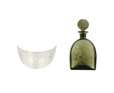 A Norwegian Magnor smoky glass carafe and stopper - decorated to one side with a female form, to the other with flowers and b