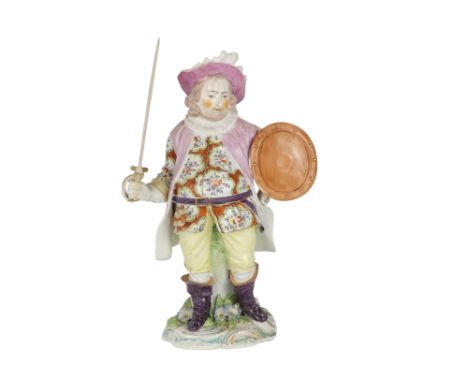 A large Derby style figure of James Quinn as Sir John Falstaff - standing holding an oval shield, wearing a broad brimmed hat