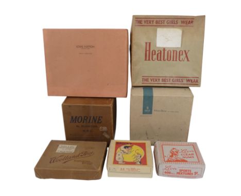 A quantity of vintage fashion boxes - including Louis Vuitton, Moss Bros. and Woollen Bros.