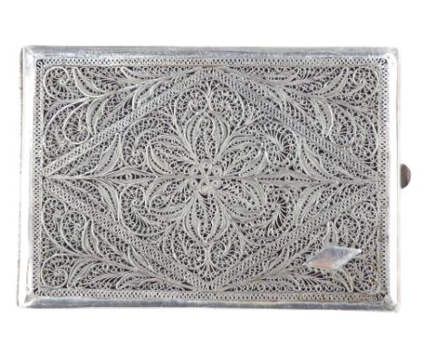 A white metal filigree cigarette case - together with four napkin rings, two jam spoons and two silver brooches.