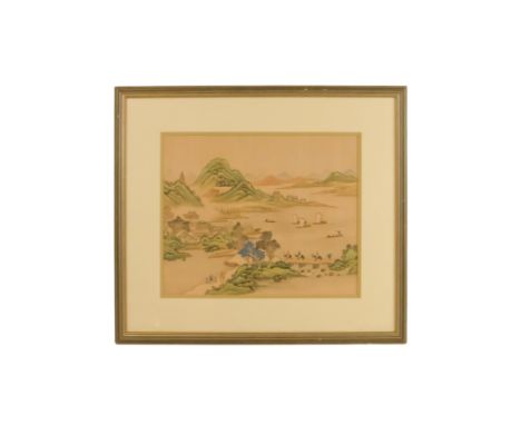 Early 20th Century Chinese School Temples, Figures, Fishing Boats and a Bridge in a Landscape Painted on fabric Framed and gl