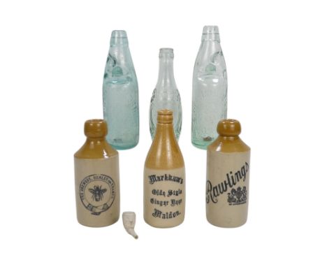A 19th century Codd bottle - Rickmansworth Mineral Waters, together with another Codd bottle, another glass bottle, three sto