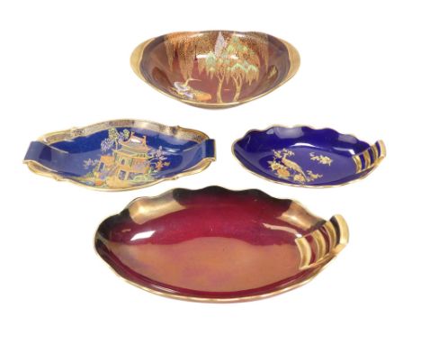 A Carltonware Rouge Royal dish - with lug handles and decorated with a crane and willow, together with three other Carltonwar