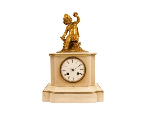 A white marble mantel clock - A Rollin, Paris, with a gilt metal surmount in the form of a child with a bird, the white ename