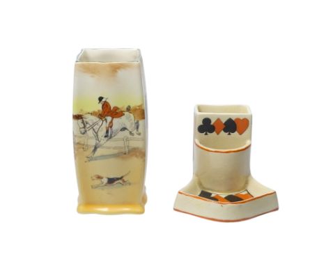 A Royal Doulton match striker - decorated with playing card symbols on a cream ground, height 7cm, together with a Royal Doul