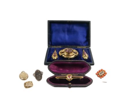 A Victorian Etruscan Revival brooch and ear pendants - set with amethysts, within original fitted box, together with Victoria