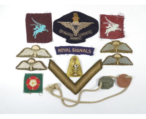 Two WWII Parachute Regiment Pegasus flashes - one apparently unused, together with four parachutists badges, two with white w