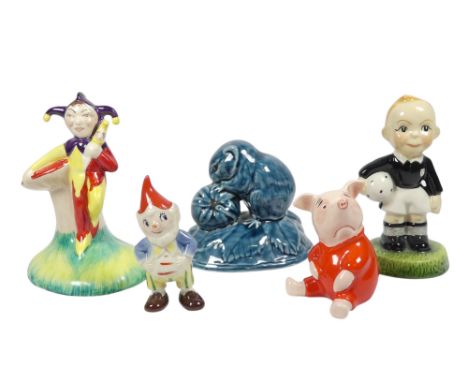A Poole Pottery model of a mouse - holding a strawberry, 7cm high, together with an Old Court Ware figure of a jester, a Carl