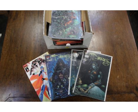Box +/- 50 comics in good condition, mostly Top Cow and Image publications, Storm Watch, Darkness, Red Sonia, First Born, Wol