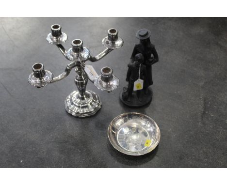 Silver plated dish, ornament and 4 branch candelabra