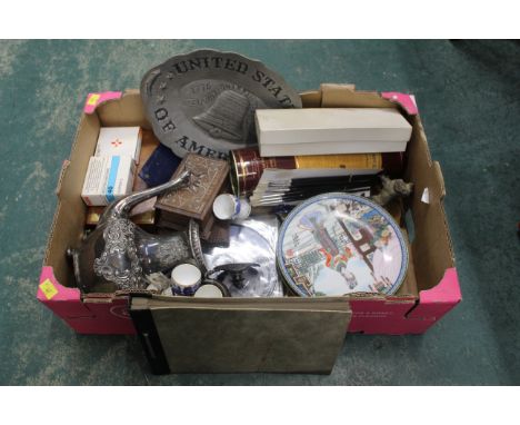Box of plated teapot, egg cups, paint brushes, decorative plates, wooden box etc