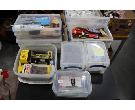 Nine tube of modelling tools, glues, screws etc