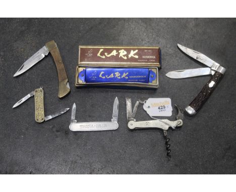 Collection of penknives and harmonica