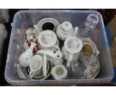 Box of Wedgwood, Campion pattern vases, Aynsley Wild Tudor pattern vases, Bramley Hedge teapot, coffee pot, Royal Albert Old 