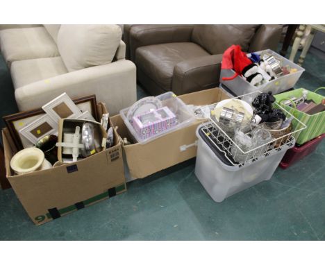 Six boxes of ornaments, pictures, glassware, scales