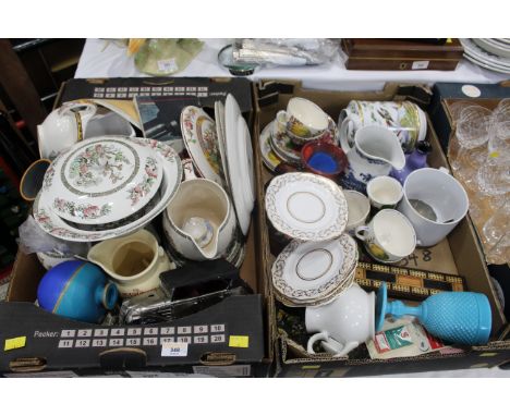 Two boxes of ornaments, Indian Tree plates, tureen and jug, cribbage board, decorative plates etc