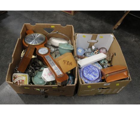 Two boxes of barometer, Ringtons tea ginger jar, Wedgwood Jasperware, ornaments etc
