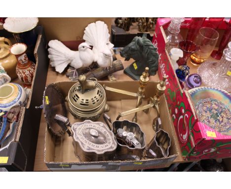 Dove ornament, horse ornament and box of brass fire dogs, plated teapot and tray, brass incense burner etc
