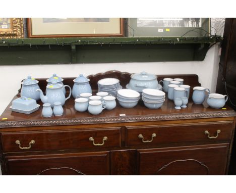 Denby tea and dinner service, 40+ pieces, storage jars, teapot, plates, cups, saucers bowls, tureen etc.