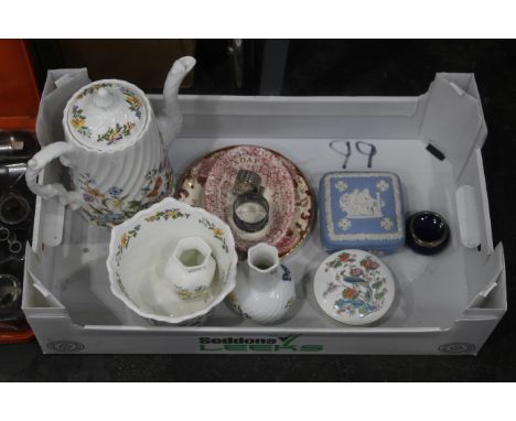 Box of Wedgwood lidded dishes, miniature clock, silver serviette ring, Aynsley Cottage Garden teapot, jardiniere etc