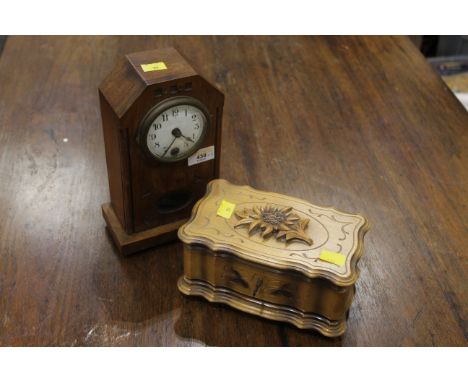 Vintage oak mantle clock and musical jewellery box