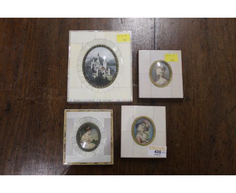 Three reproduction portrait miniatures and castle portrait miniature