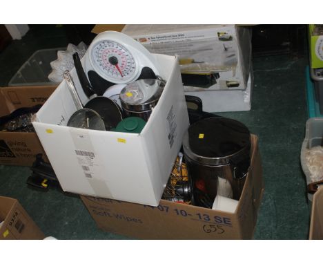 Two boxes of kitchenware, scales, pans, pedal bin etc