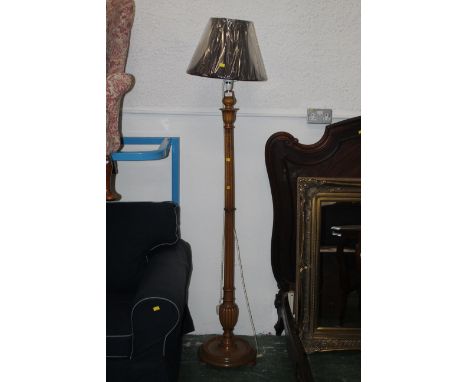 Yew standard lamp, fluted form with purple shade