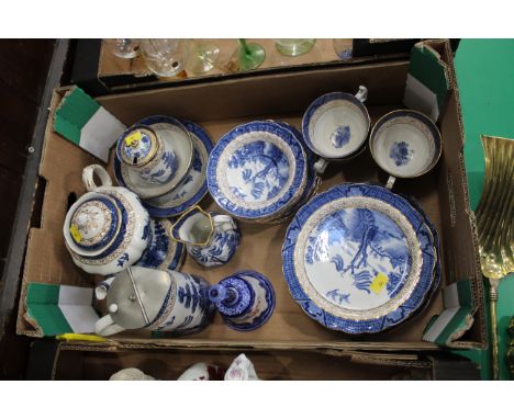 Box of late 19th/early 20th century Booth Willow pattern part tea service, hot water jug, teapot, jugs, jam pot etc