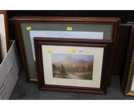 Hunting print and two prints of lakes and rivers