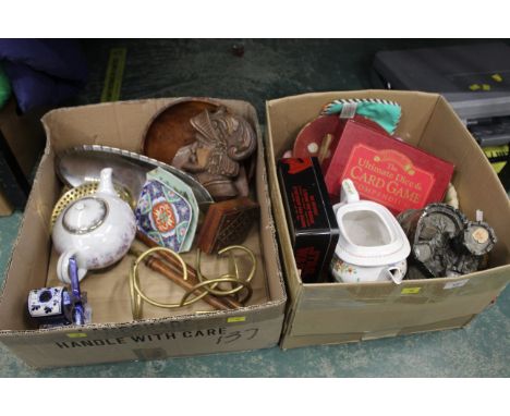 Two boxes of ornaments, pictures, teapot, games etc