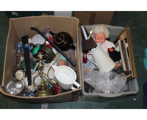Two boxes of kitchenware, metronome, mirrors, glass table lamp, doll, glassware, binoculars etc.
