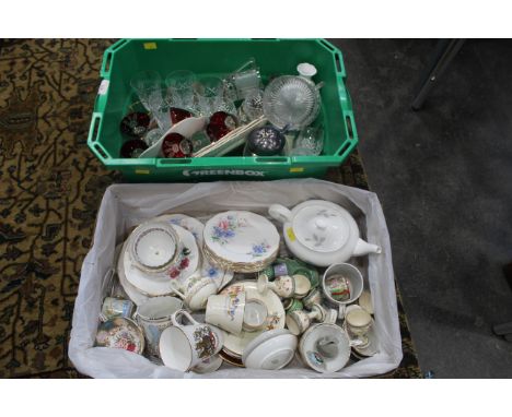 Two boxes of glassware, teapot, decorative plates, commemorative ware, egg cups etc